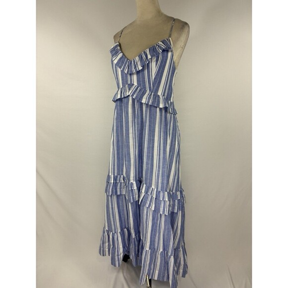 5 a 7 Cinq a Sept Addy Maxi Dress Blue White Stripe 14 Ruffled Halter Neck - Picture 2 of 12